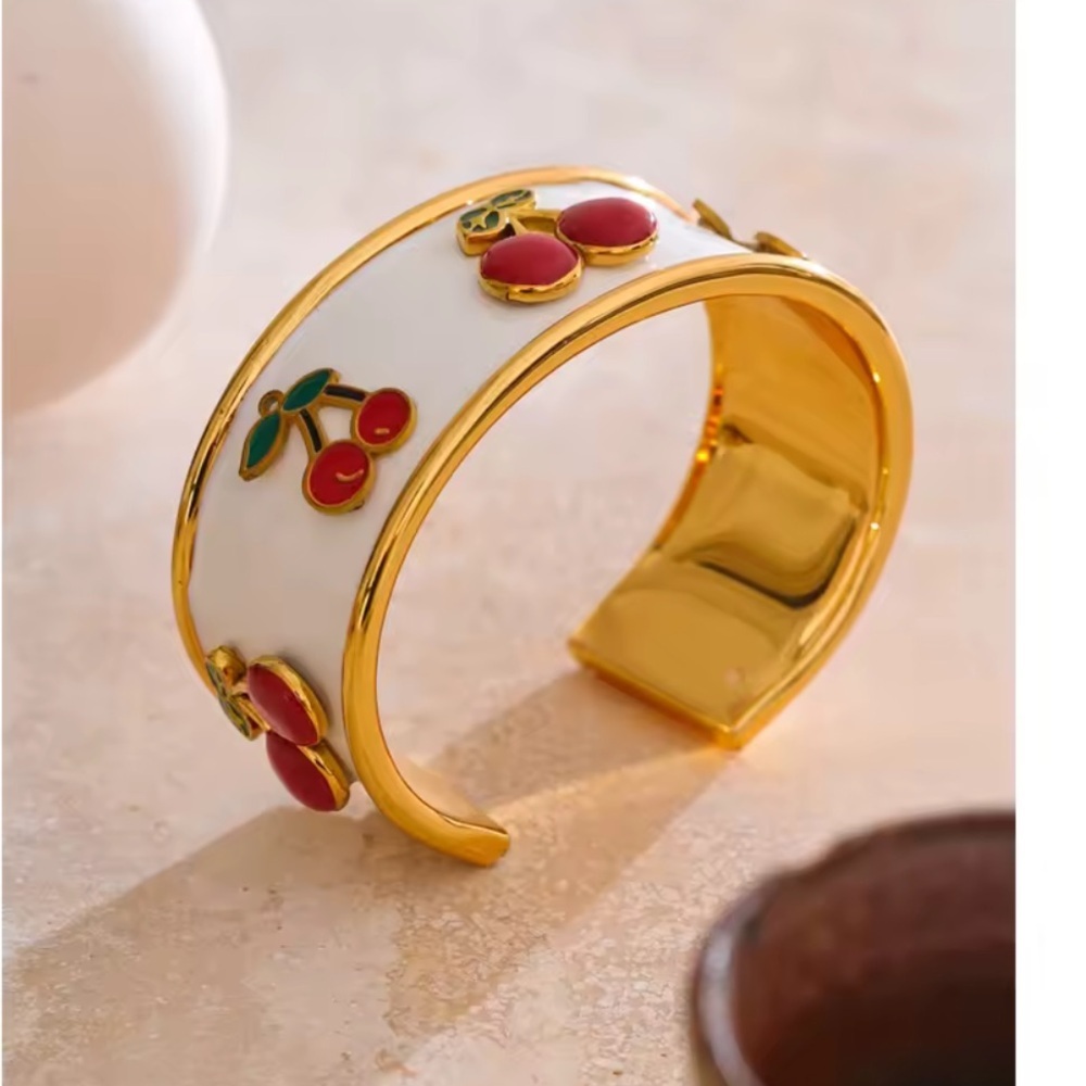 Anthropologie Cherry Enamel cuff Bracelet  Gold Stainless steel